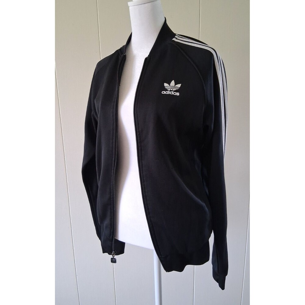 adidas Track Jacket Full Zip Womens Small Black White Striped Sleeve Trefoil